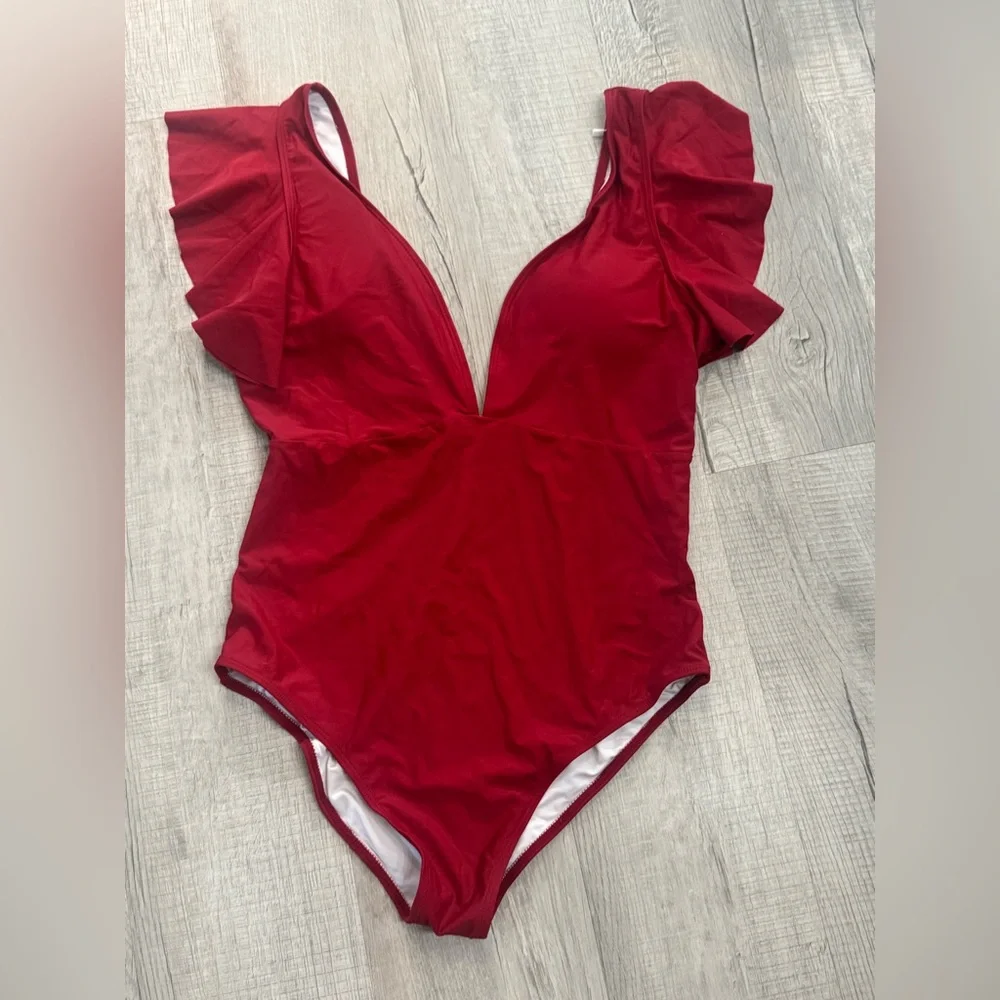 Sleek Red One Piece Swimsuit with Plunging V-Neckline